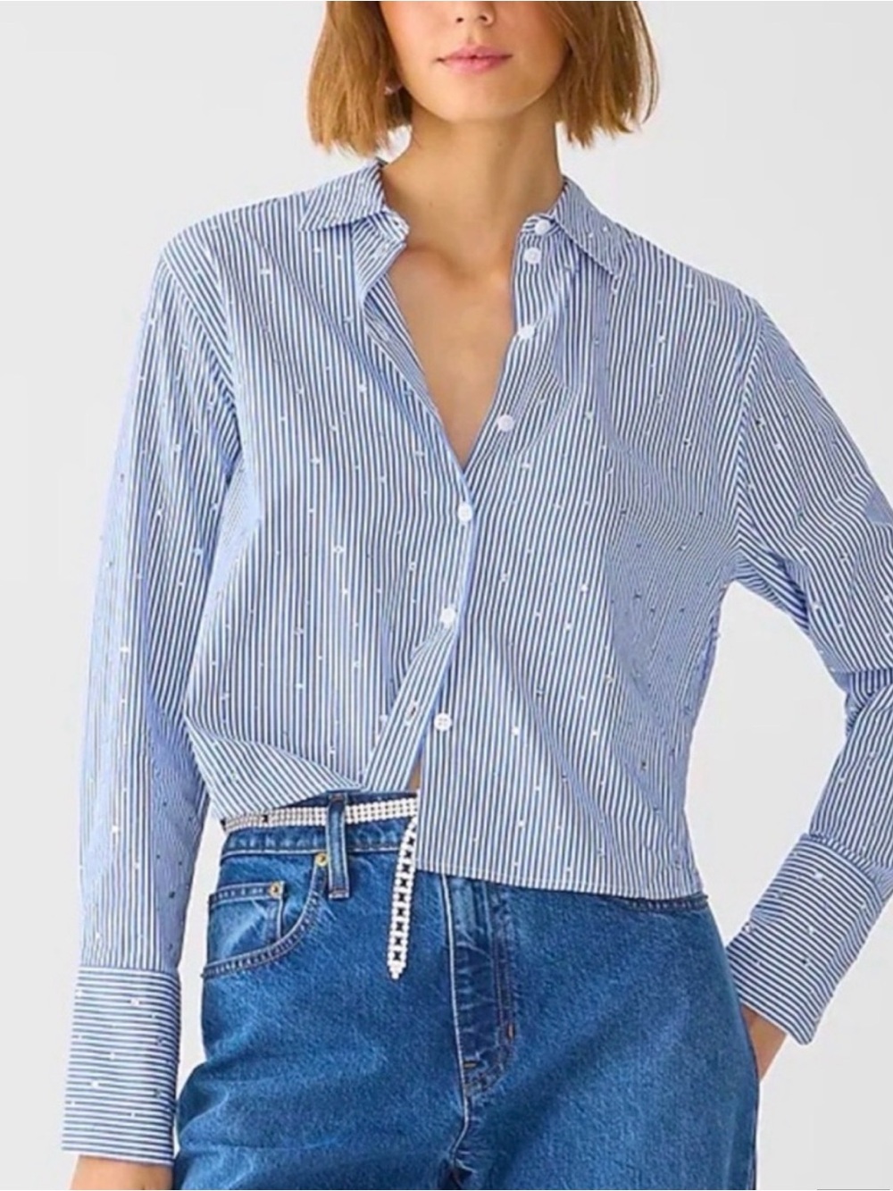 J. Crew Blue and White Stripe Button-Down Shirt with Dot Detail